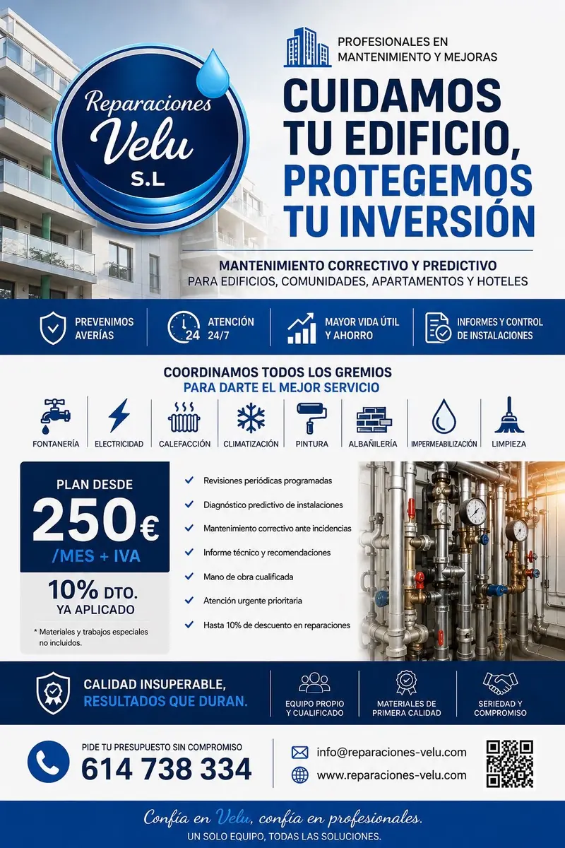 Folleto de Reparaciones Velu: cuidamos tu edificio, protegemos tu inversión