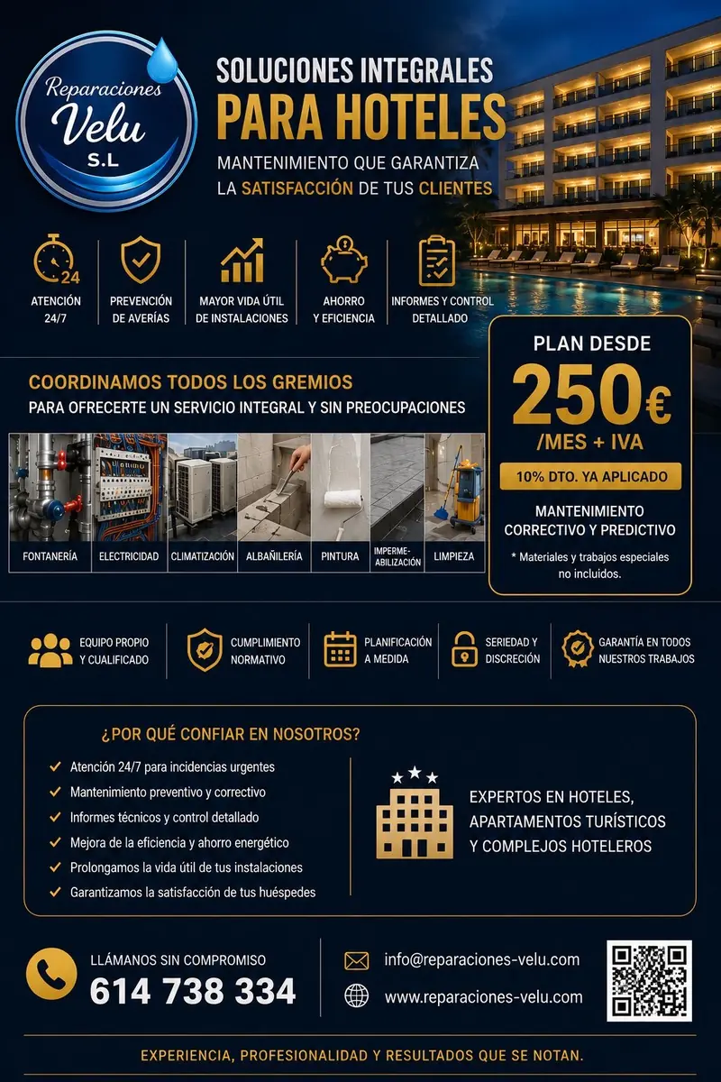 Folleto de Reparaciones Velu: soluciones integrales para hoteles, plan desde 250 € al mes