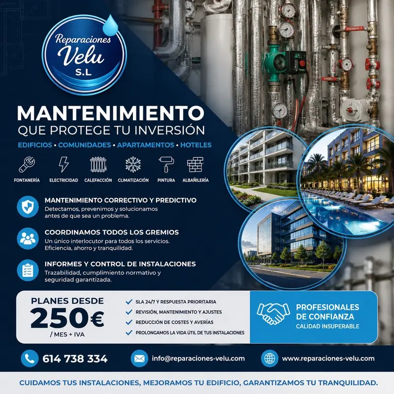 Folleto de Reparaciones Velu: mantenimiento para edificios, comunidades, apartamentos y hoteles